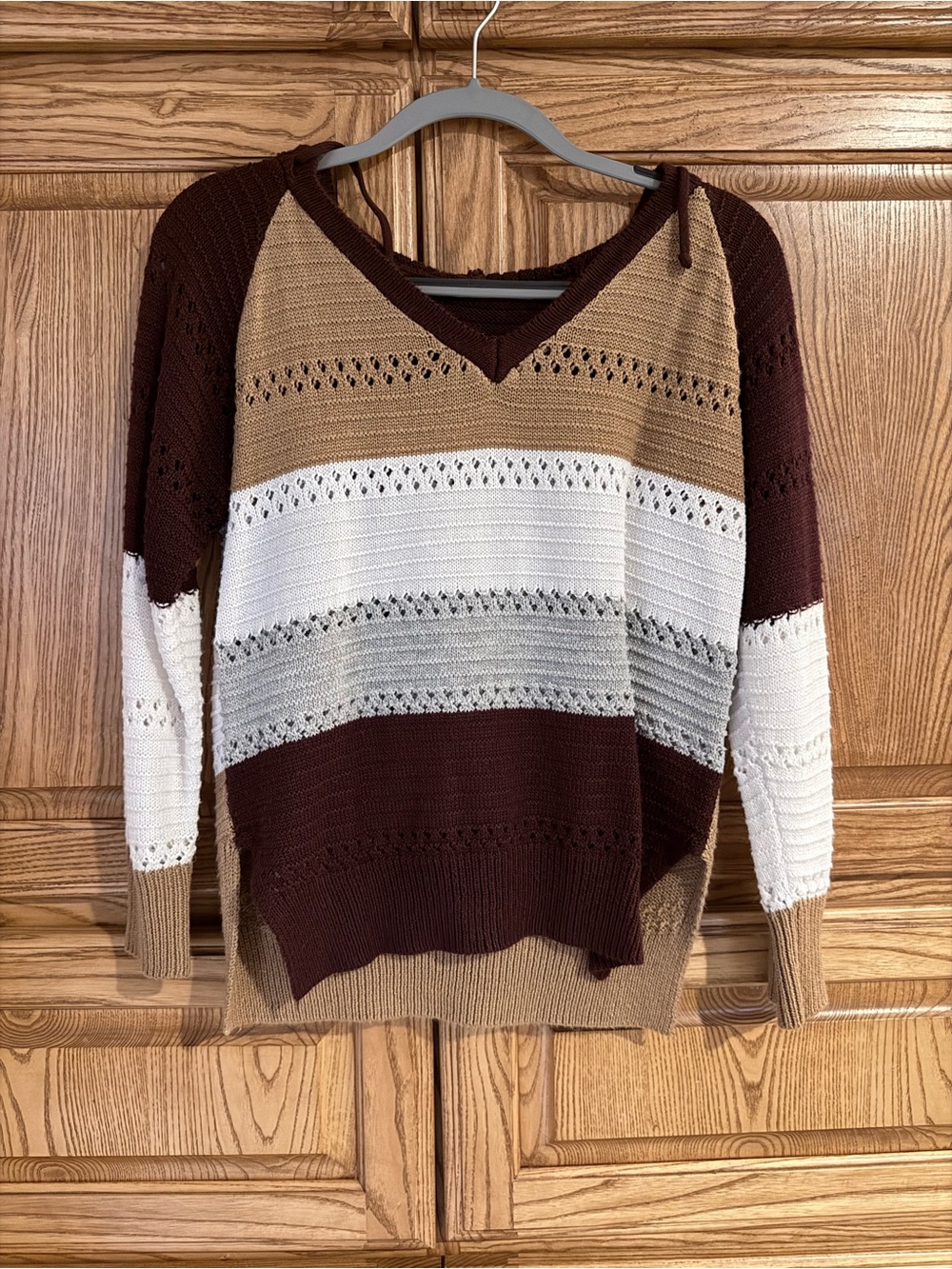 Striped V-Neck Knit Sweater in Brown, Tan & Cream